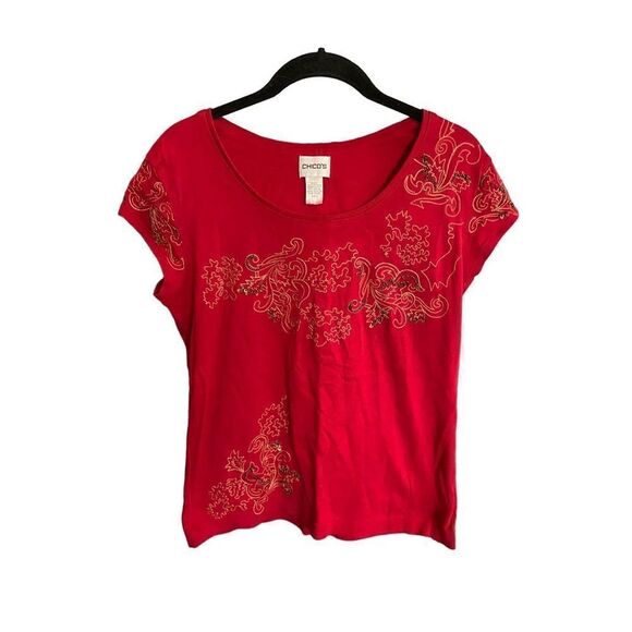 Chicos women’s red cap sleeve embroidered beaded sequin T-shirt size 0 - Picture 1 of 4